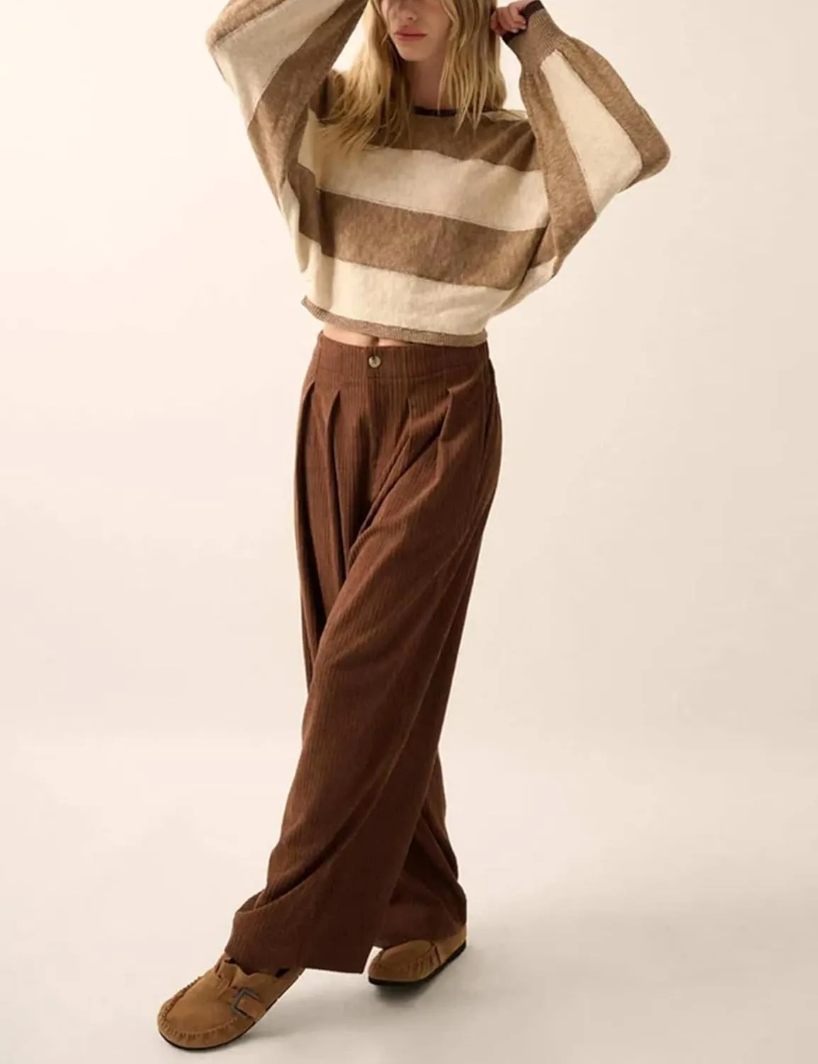 Yeokou Women Casual Wide Leg Pants Loose Fit Pleated Corduroy Elastic Waist Zip UP Trousers with Pockets