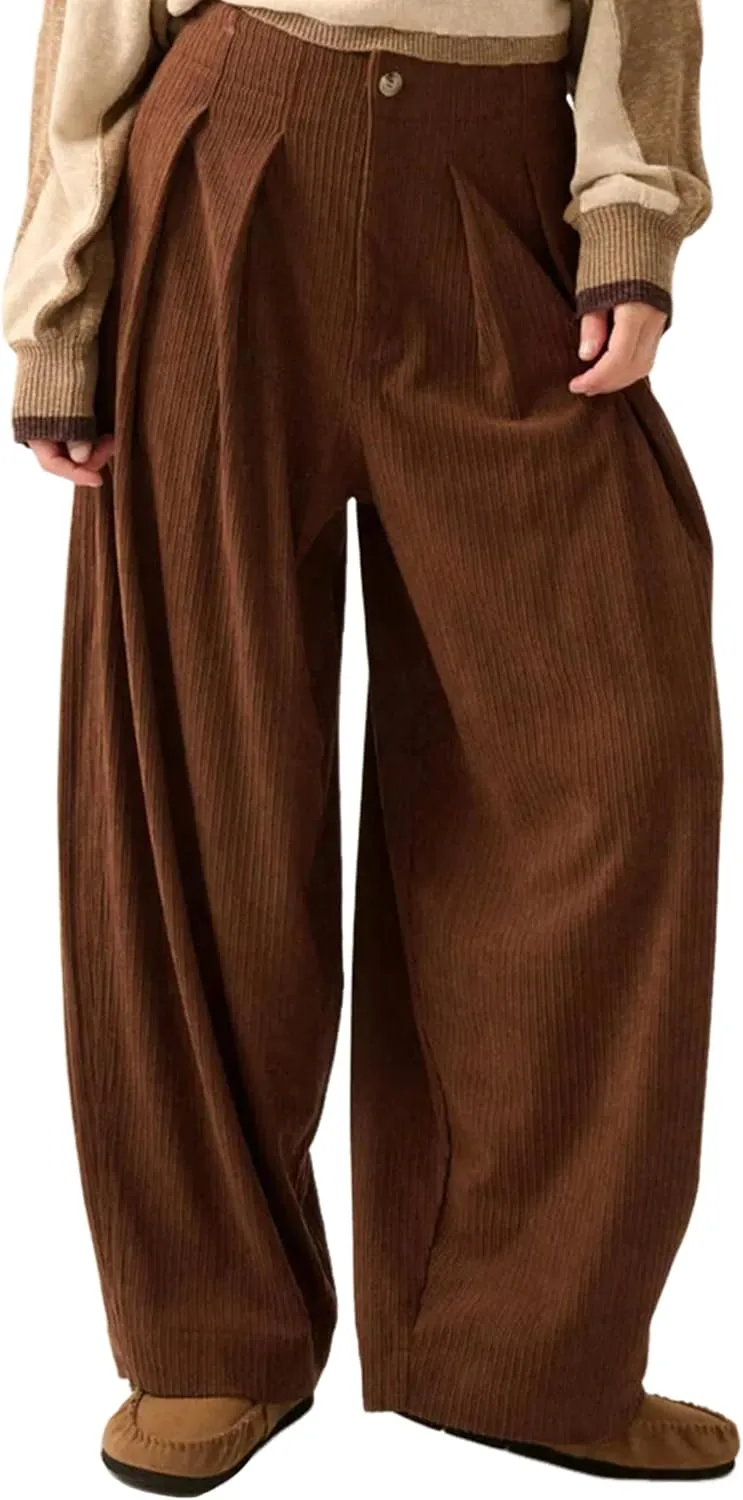 Yeokou Women Casual Wide Leg Pants Loose Fit Pleated Corduroy Elastic Waist Zip UP Trousers with Pockets