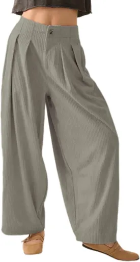 Yeokou Women Casual Wide Leg Pants Loose Fit Pleated Corduroy Elastic Waist Zip UP Trousers with Pockets