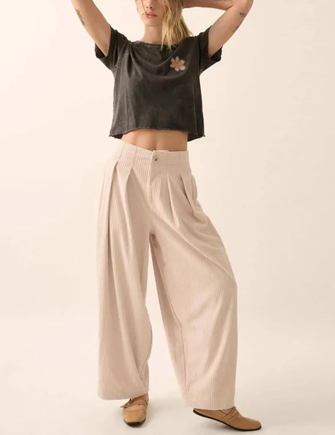 Yeokou Women Casual Wide Leg Pants Loose Fit Pleated Corduroy Elastic Waist Zip UP Trousers with Pockets