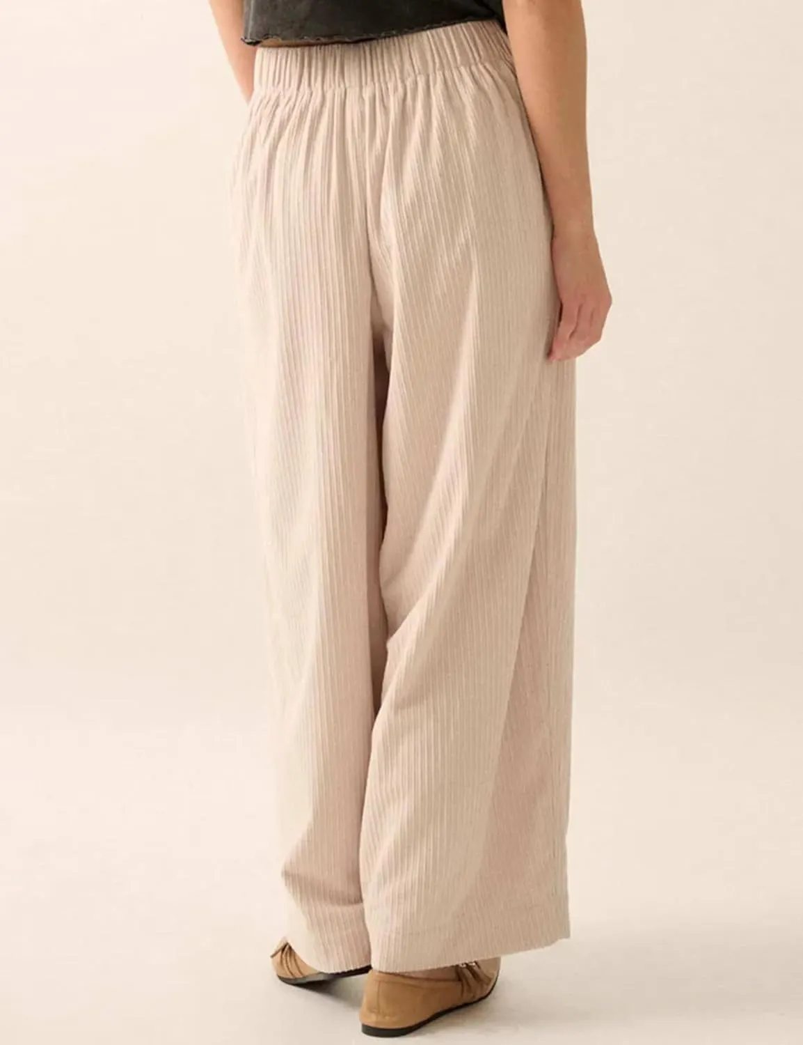 Yeokou Women Casual Wide Leg Pants Loose Fit Pleated Corduroy Elastic Waist Zip UP Trousers with Pockets