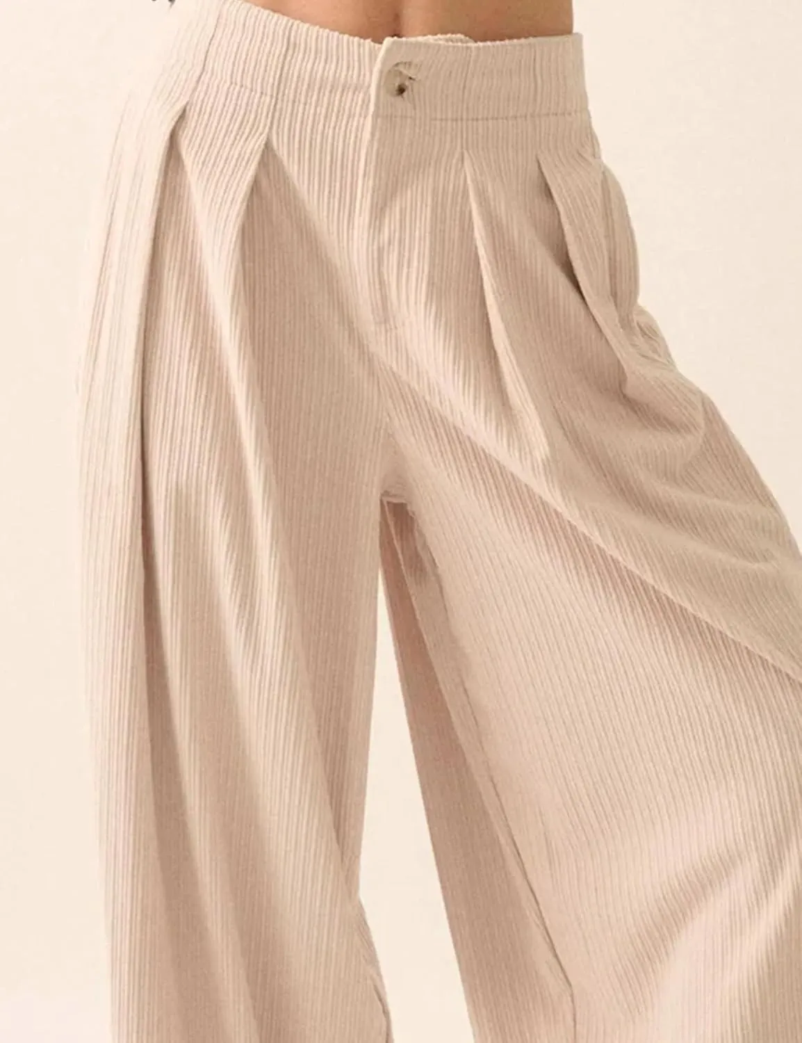 Yeokou Women Casual Wide Leg Pants Loose Fit Pleated Corduroy Elastic Waist Zip UP Trousers with Pockets