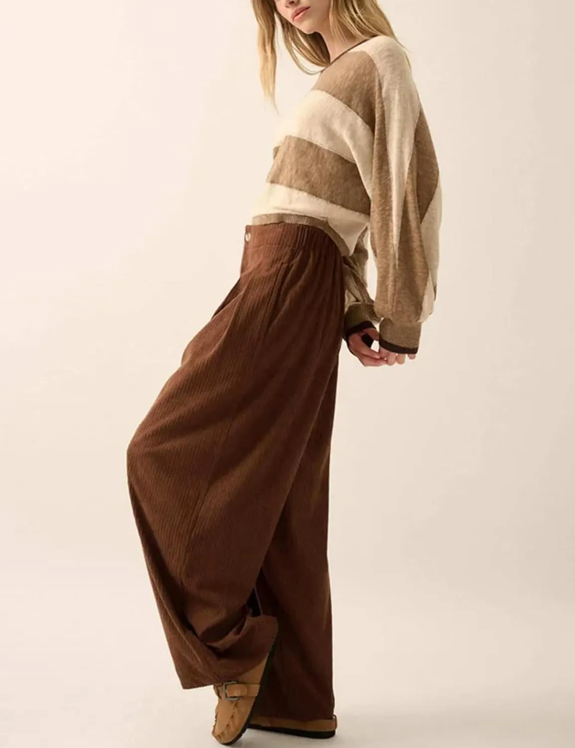 Yeokou Women Casual Wide Leg Pants Loose Fit Pleated Corduroy Elastic Waist Zip UP Trousers with Pockets