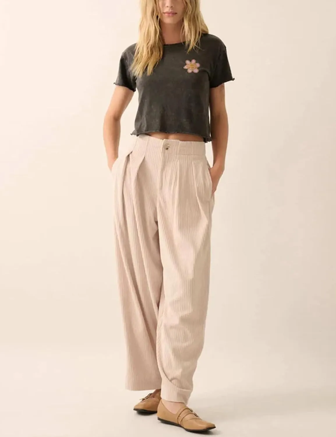 Yeokou Women Casual Wide Leg Pants Loose Fit Pleated Corduroy Elastic Waist Zip UP Trousers with Pockets