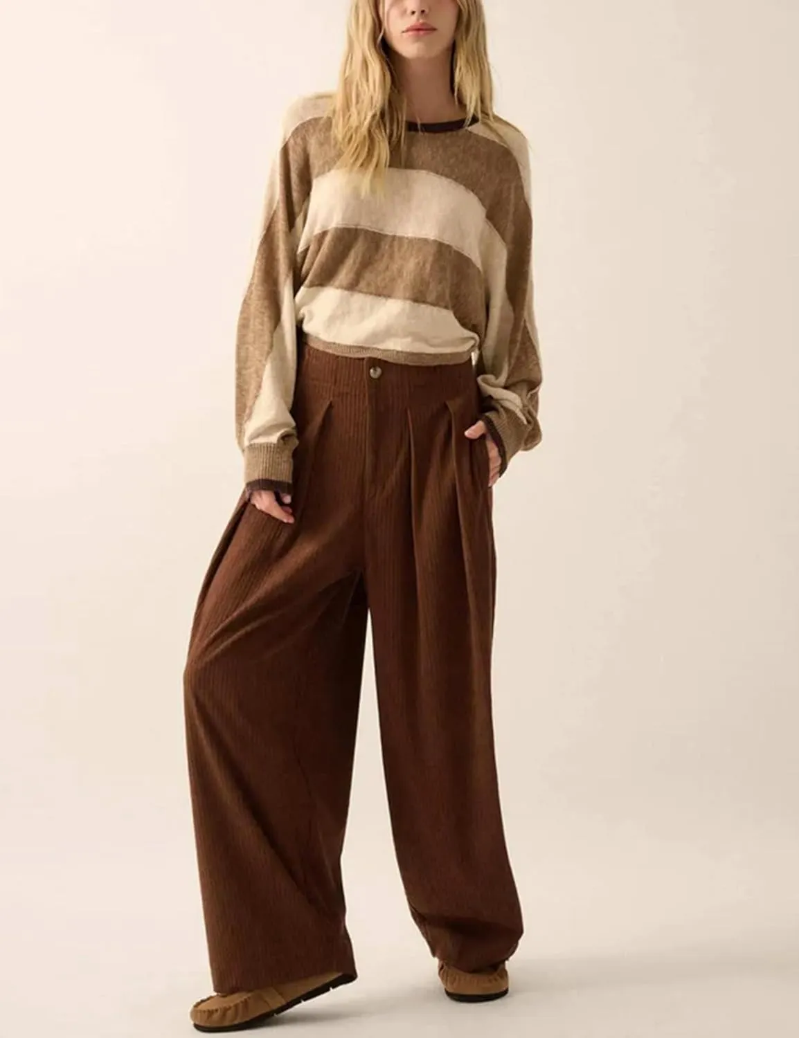 Yeokou Women Casual Wide Leg Pants Loose Fit Pleated Corduroy Elastic Waist Zip UP Trousers with Pockets