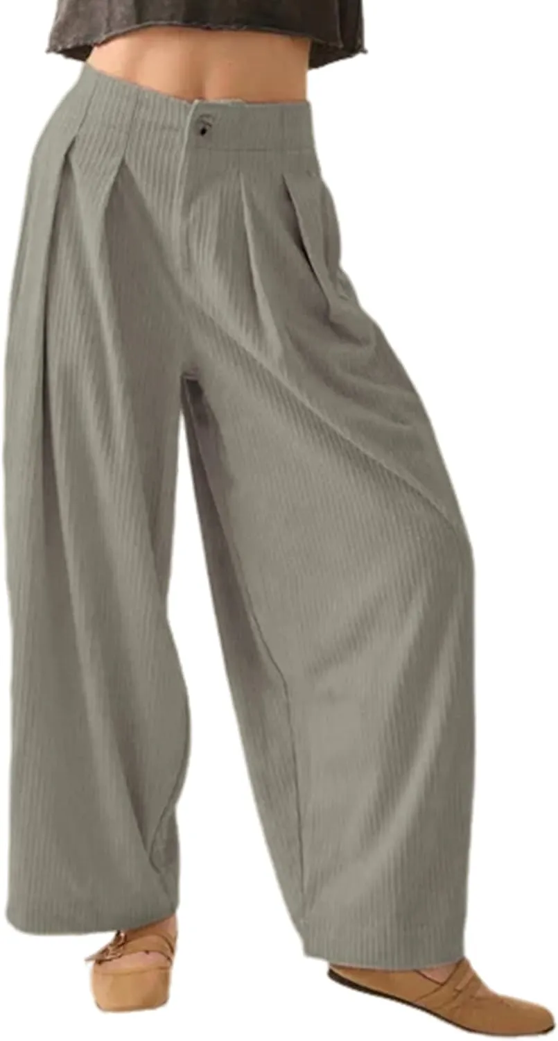 Yeokou Women Casual Wide Leg Pants Loose Fit Pleated Corduroy Elastic Waist Zip UP Trousers with Pockets
