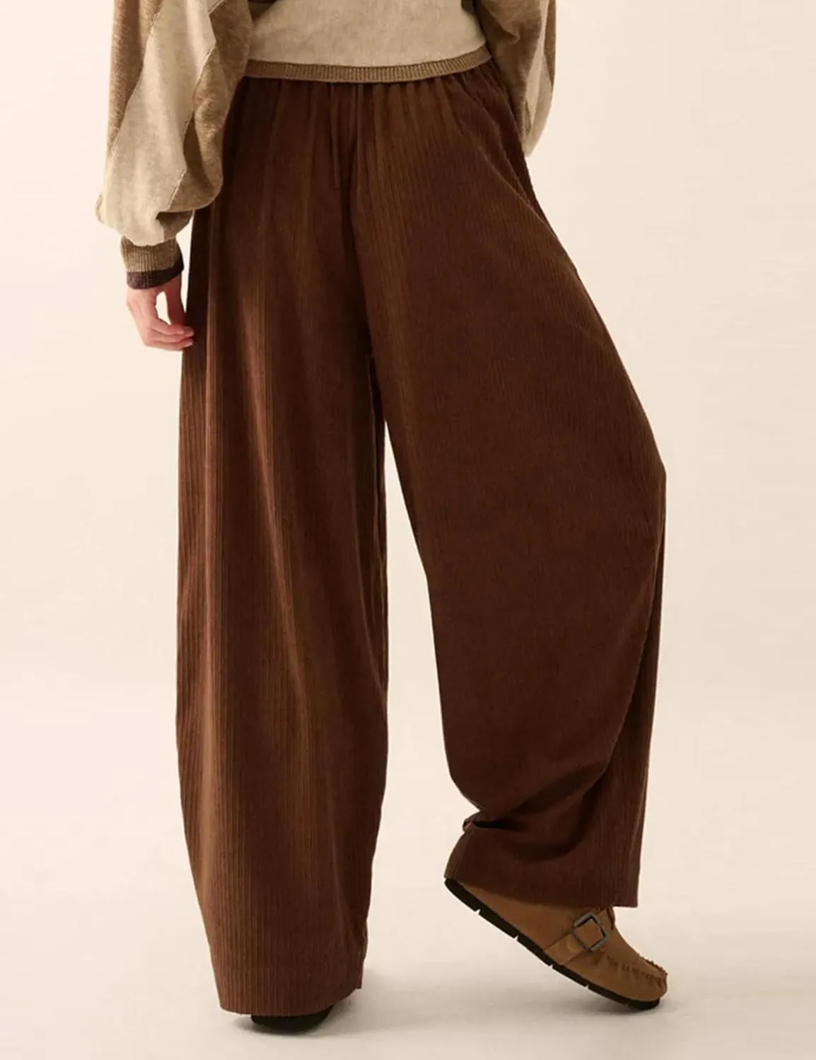 Yeokou Women Casual Wide Leg Pants Loose Fit Pleated Corduroy Elastic Waist Zip UP Trousers with Pockets
