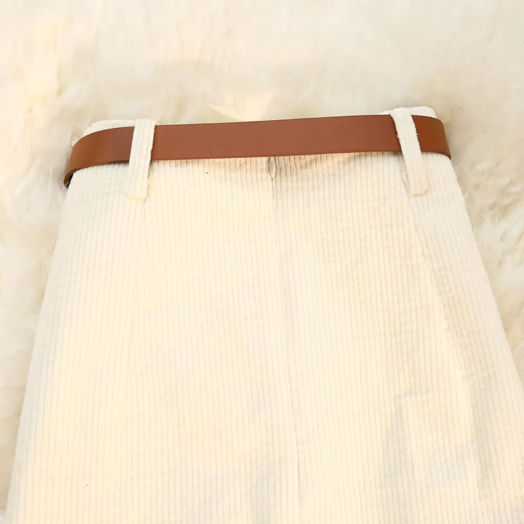 ZAJ Falda Women's Corduroy Slit Thigh Midi Skirt High Waist A Line Belted Bodycon Long Skirt for Autumn and Winter Casual