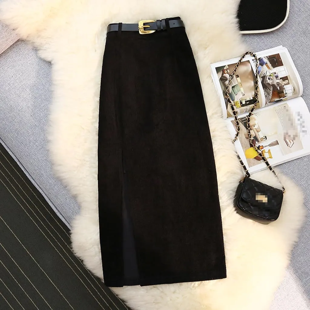 ZAJ Falda Women's Corduroy Slit Thigh Midi Skirt High Waist A Line Belted Bodycon Long Skirt for Autumn and Winter Casual