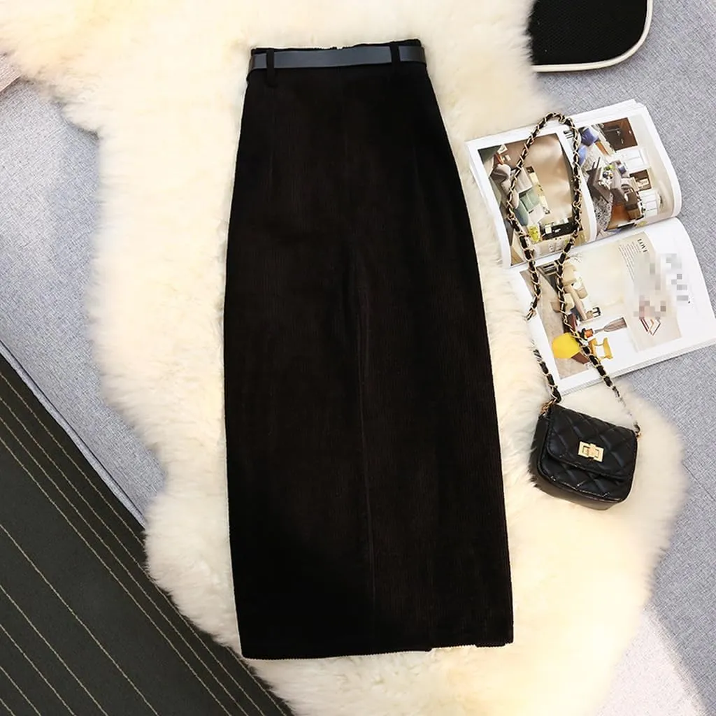 ZAJ Falda Women's Corduroy Slit Thigh Midi Skirt High Waist A Line Belted Bodycon Long Skirt for Autumn and Winter Casual