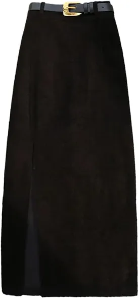ZAJ Falda Women's Corduroy Slit Thigh Midi Skirt High Waist A Line Belted Bodycon Long Skirt for Autumn and Winter Casual
