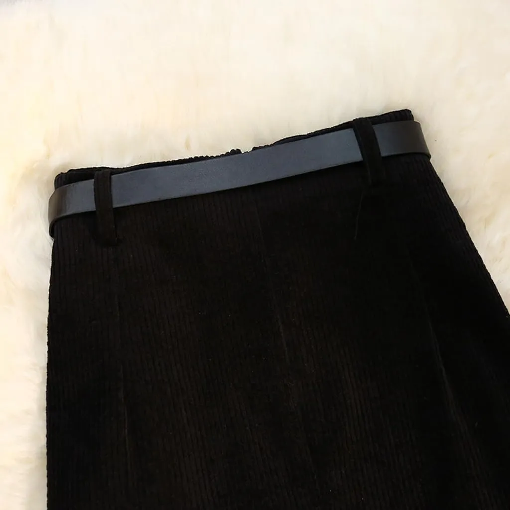 ZAJ Falda Women's Corduroy Slit Thigh Midi Skirt High Waist A Line Belted Bodycon Long Skirt for Autumn and Winter Casual