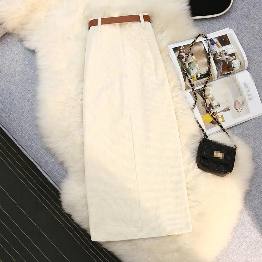 ZAJ Falda Women's Corduroy Slit Thigh Midi Skirt High Waist A Line Belted Bodycon Long Skirt for Autumn and Winter Casual