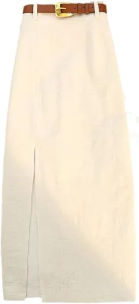 ZAJ Falda Women's Corduroy Slit Thigh Midi Skirt High Waist A Line Belted Bodycon Long Skirt for Autumn and Winter Casual