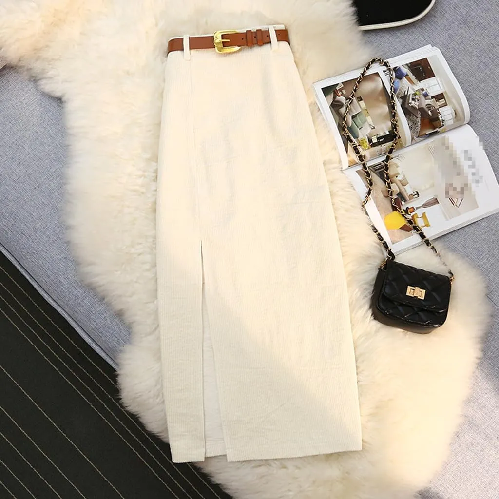 ZAJ Falda Women's Corduroy Slit Thigh Midi Skirt High Waist A Line Belted Bodycon Long Skirt for Autumn and Winter Casual
