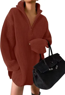 ZESICA Women's Long Sleeve Mini Sweater Dress Fall Quarter Zip Ribbed Knit Oversized Pullover Jumper Sweaters