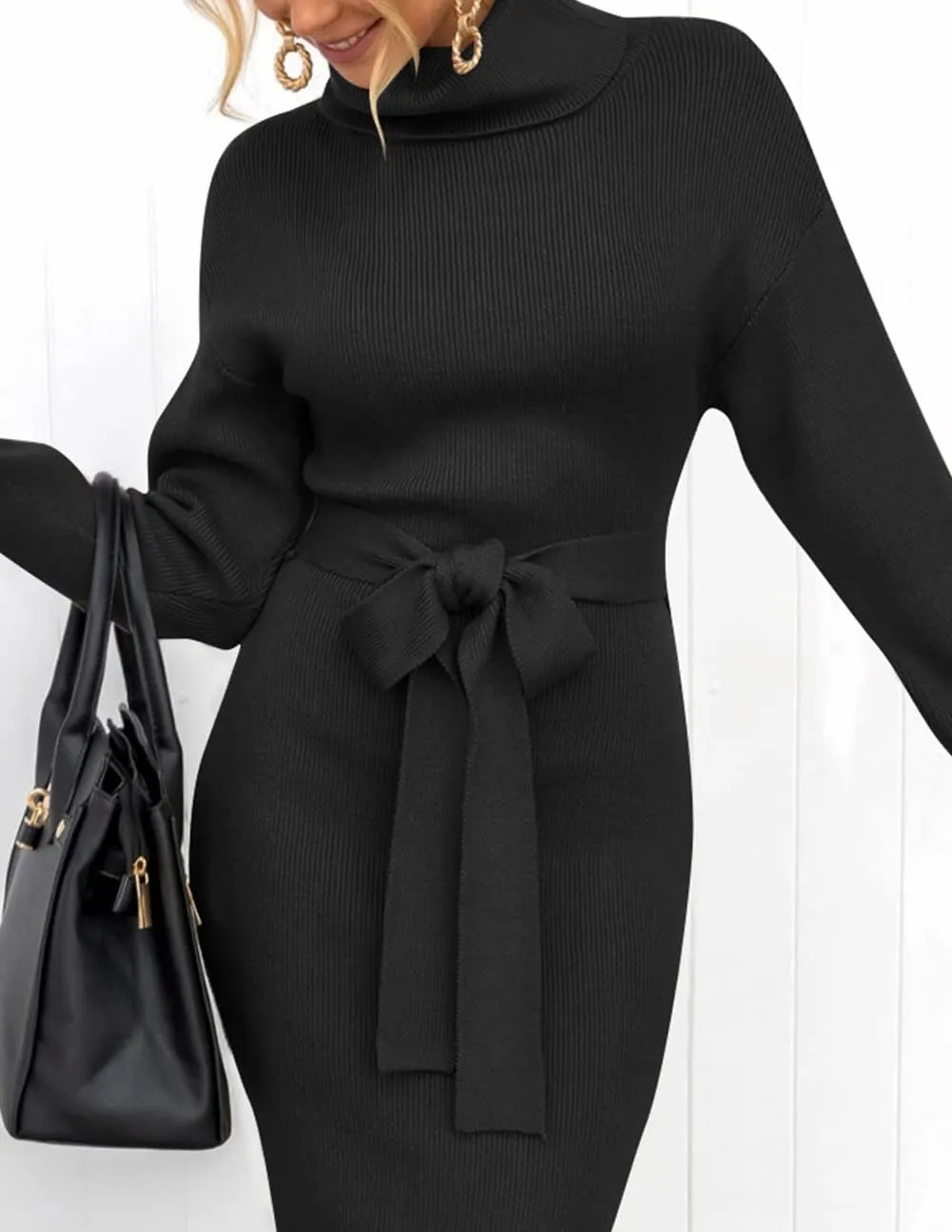 ZESICA Women's Turtleneck Sweater Midi Dress Long Sleeve Ribbed Knit Bodycon Slit Dress with Belt