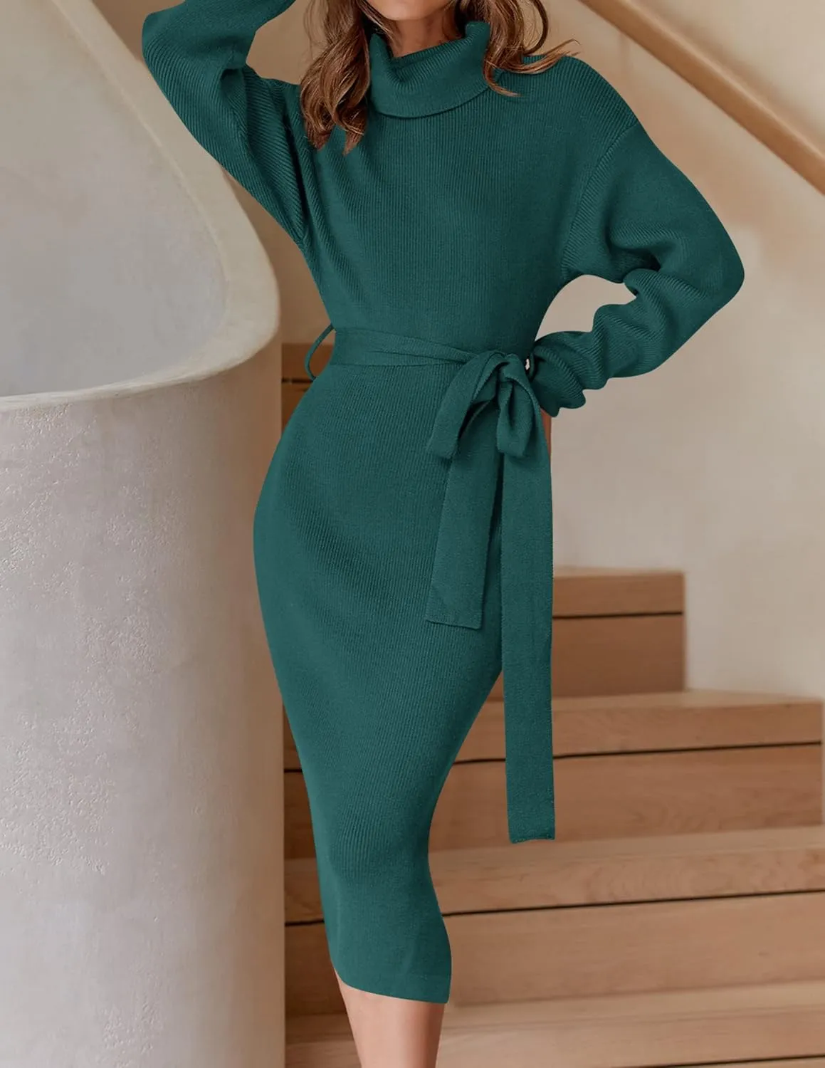 ZESICA Women's Turtleneck Sweater Midi Dress Long Sleeve Ribbed Knit Bodycon Slit Dress with Belt