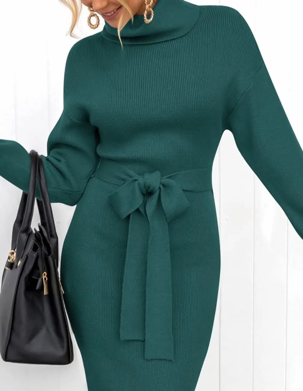 ZESICA Women's Turtleneck Sweater Midi Dress Long Sleeve Ribbed Knit Bodycon Slit Dress with Belt