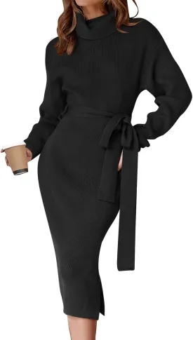 ZESICA Women's Turtleneck Sweater Midi Dress Long Sleeve Ribbed Knit Bodycon Slit Dress with Belt